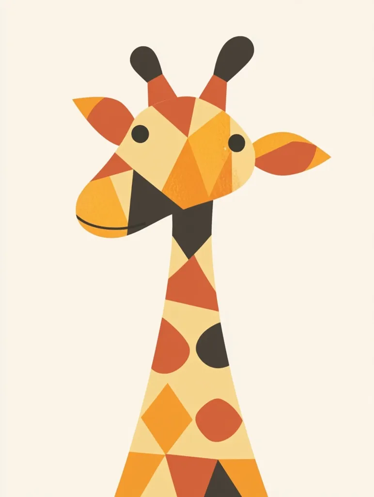 The image is a simple, abstract illustration of a giraffe. Its head is composed of geometric shapes in shades of orange and brown, with large, black eyes. The neck and body are depicted as a long, curved shape made up of colorful geometric patterns, suggesting a playful and modern design. The image has a whimsical, childlike quality.