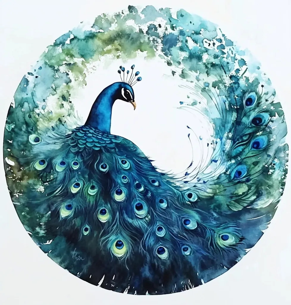 The image depicts a watercolor painting of a peacock with its tail feathers fanned out in a circular shape. The peacock is painted in shades of blue and green, with its feathers displaying intricate patterns and colors. The background is a soft, watercolor wash of blues and greens, creating a sense of depth and movement. The painting is done in a realistic style, capturing the beauty and elegance of the peacock.  The artwork is framed by a circular shape, enhancing its captivating aesthetic.