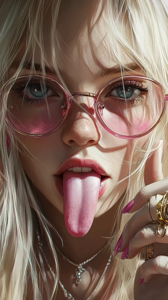 A young woman with long blonde hair is wearing pink round glasses and a silver necklace. Her tongue is sticking out playfully, and her fingernails are painted pink. She has a mischievous look in her eyes, as if she's up to something.  The light catches her hair, giving it a soft, ethereal glow.