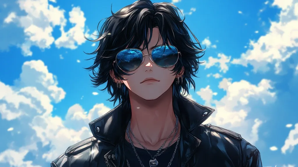 A young man with dark hair and a leather jacket stares out towards the viewer, wearing sunglasses reflecting the blue sky and clouds behind him. His face is expressionless, and he has a slightly brooding demeanor. His outfit is stylish and modern, with several chains and necklaces adorning his neck. The image is drawn in a digital art style, with soft colors and attention to detail.
