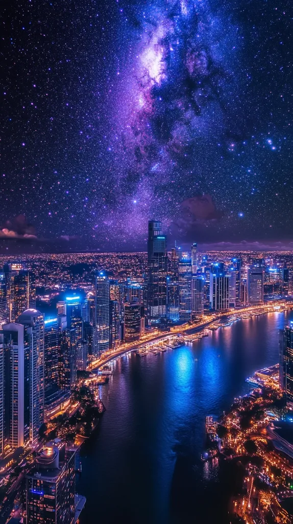 A breathtaking night-time cityscape, illuminated by twinkling lights, sprawls beneath a sky awash with a vibrant purple Milky Way. Tall skyscrapers rise towards the cosmos, creating a captivating contrast between man-made and natural beauty. The city's glittering waterfront reflects the celestial tapestry, forging a mesmerizing symphony of light and shadow.