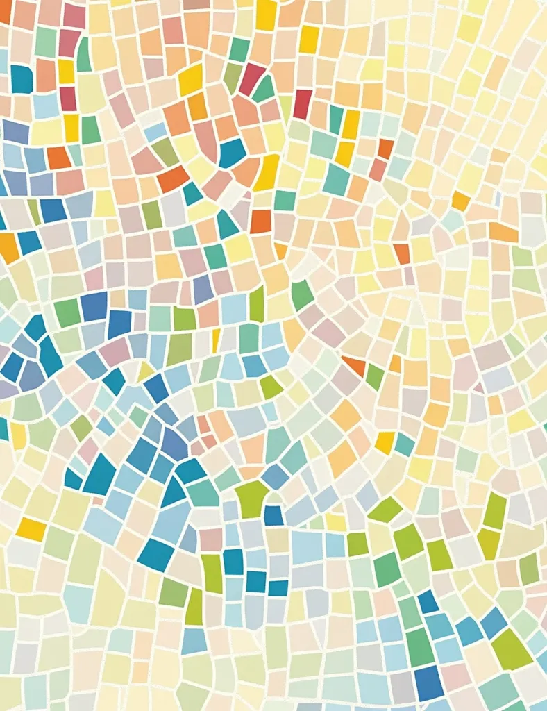 The image is a mosaic of small, colorful squares. The colors are primarily pastels, with hints of blue, green, and yellow. The squares are arranged in a seemingly random pattern, creating a visually interesting and somewhat abstract design. The white outlines around the squares add to the overall effect of a mosaic. The overall feel of the image is light and airy.