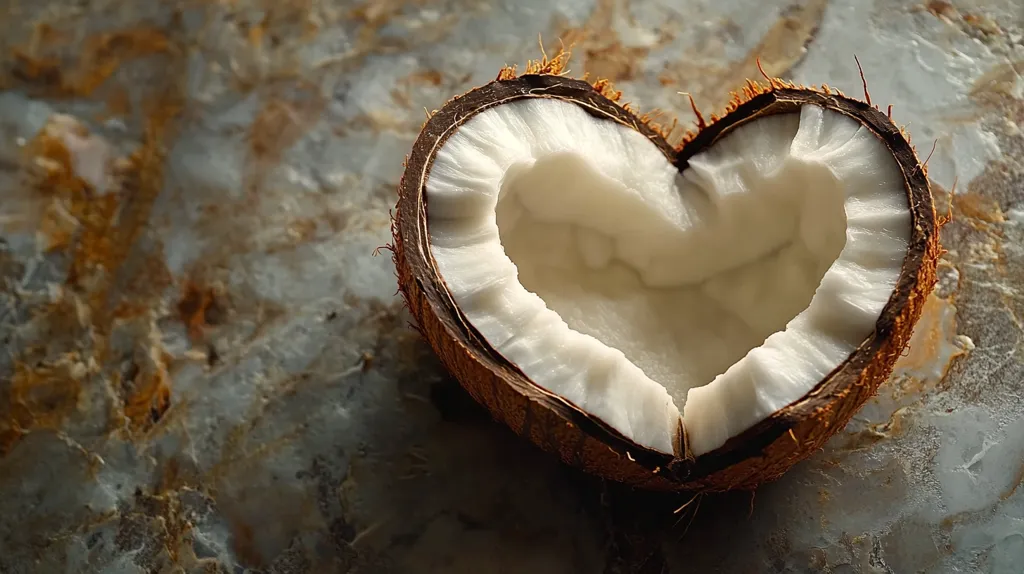A halved coconut, with the shell removed, sits on a textured surface. The coconut is shaped like a heart, revealing the white flesh inside. The brown outer shell is rough and textured, providing a stark contrast to the smooth white flesh. The coconut appears fresh and inviting, with a natural and organic feel.