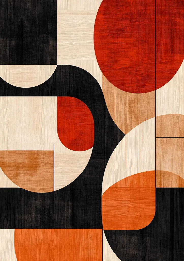 The image depicts an abstract geometric design composed of various shapes, including circles, semi-circles, and rectangles. The shapes are arranged in a seemingly random pattern, creating a dynamic and visually engaging composition. The colors used are primarily warm tones, with shades of red, orange, and brown, which evoke a sense of warmth and energy. The background is a neutral beige, providing a subtle contrast to the bolder colors of the geometric elements. The overall effect is a modern and abstract piece of art that is both eye-catching and visually stimulating.