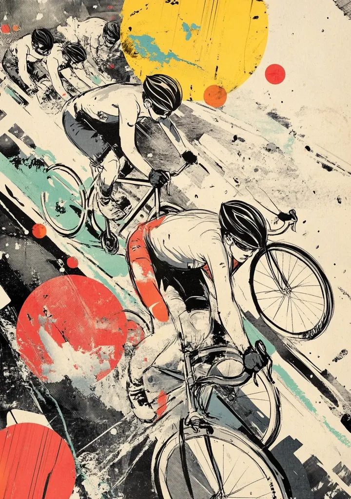 The image is a stylized depiction of a group of cyclists in a race. The scene is dynamic and fast-paced, with the cyclists in mid-stride, their bodies blurred and their wheels spinning. The background is a wash of colors and textures, giving the image a sense of energy and motion. The colors are vibrant and bold, creating a striking visual contrast. The image is a celebration of speed and movement.