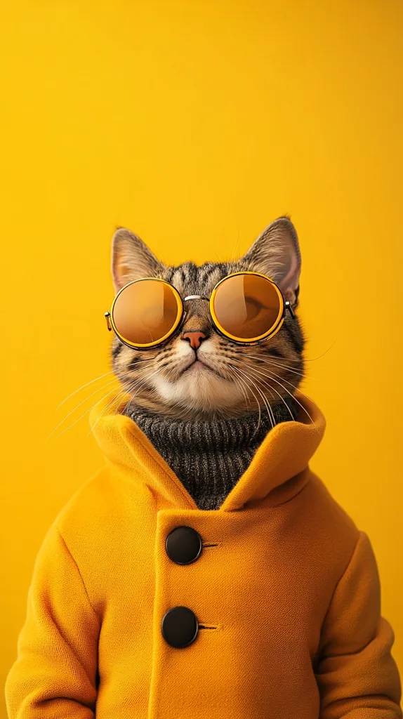 A cat wearing a yellow coat with black buttons and round, yellow sunglasses. The cat has a gray turtleneck underneath the coat and is looking directly at the camera. The cat is against a yellow background.  The cat's fur is brown and white. The cat appears fashionable and stylish.