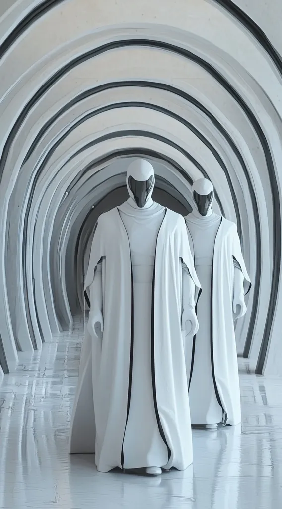 Two figures in white robes and helmets walk through a white and gray circular hallway. The figures are stark against the white background. The hallway is composed of repeating arcs that create a sense of depth and perspective. The overall effect is one of starkness and minimalism.