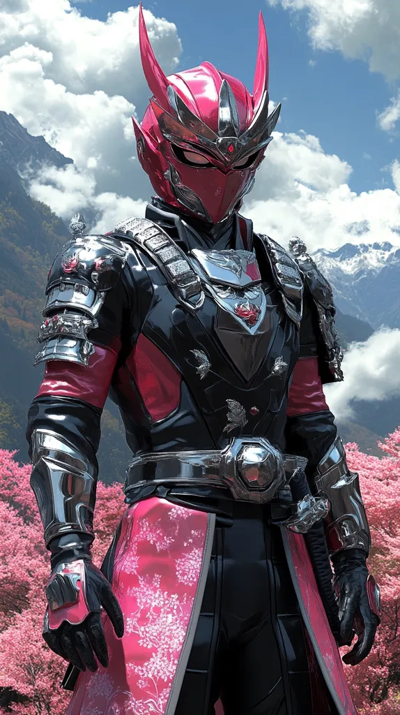 A futuristic warrior, clad in black and silver armor with a bright pink helmet adorned with horns, stands confidently against a backdrop of mountains and a cherry blossom forest. The intricate details of the armor and the vibrant pink accents create a striking contrast against the natural scenery.