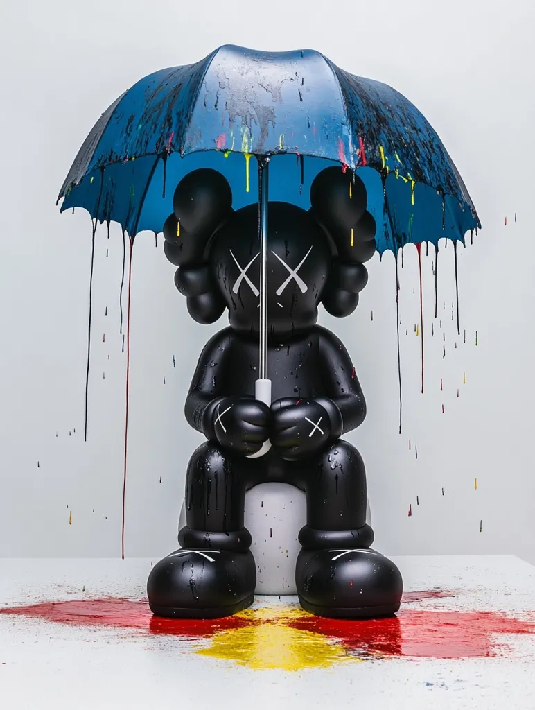 A black and white  'KAWS' figurine sits under a blue, paint-splattered umbrella. The umbrella drips various colors of paint onto the white floor, creating a colorful stain. The figure is seated with its hands clasped in its lap, and the umbrella appears to be a part of its head.