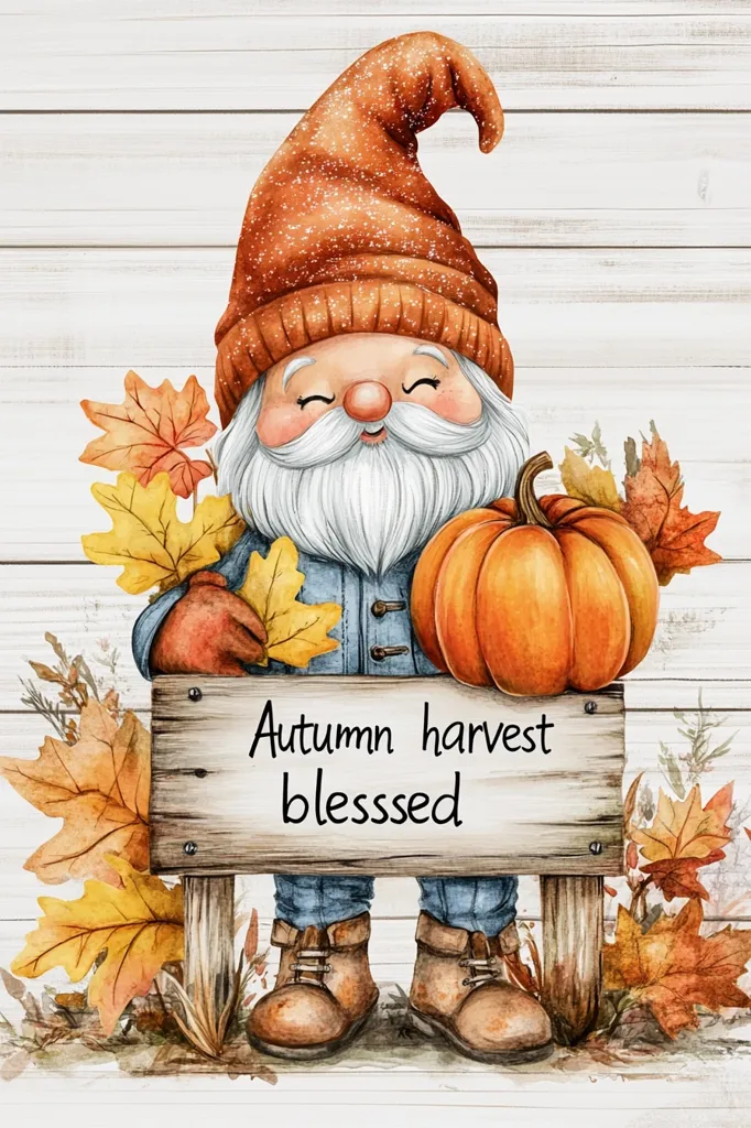 A cheerful gnome with a white beard and a red hat holds a pumpkin in one hand and a bunch of autumn leaves in the other. He stands in front of a wooden sign that reads "Autumn harvest blessed." Surrounded by fallen leaves, the gnome evokes a warm and cozy autumnal atmosphere.