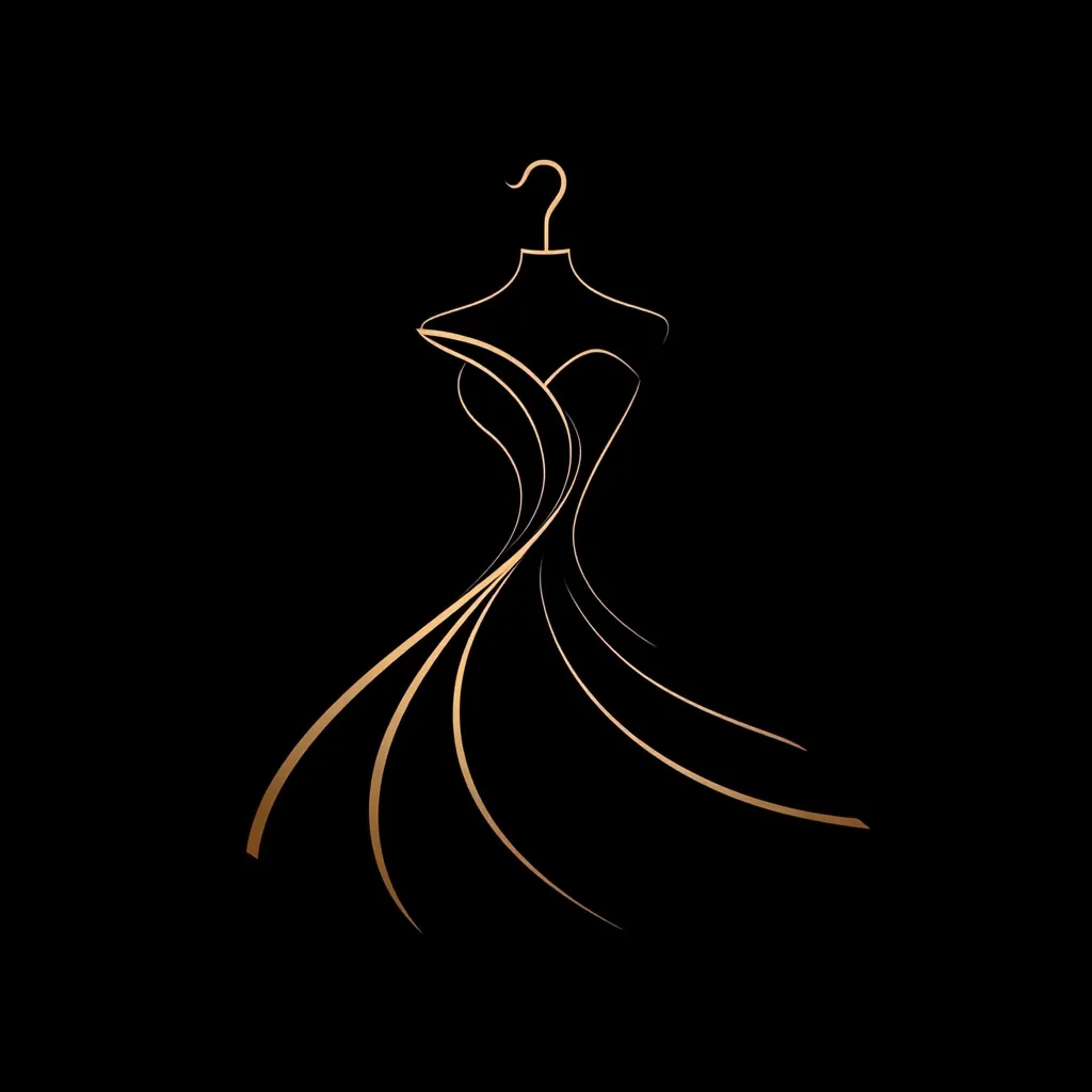The image depicts a stylized outline of a dress on a hanger. The dress is depicted in a flowing, elegant silhouette with a sweetheart neckline. The thin golden lines stand out against the black background. The image is simple yet sophisticated and evokes a sense of fashion and beauty.