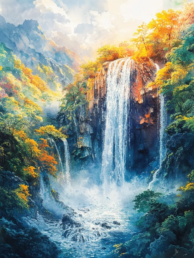 A majestic waterfall cascades down a rocky cliff face, surrounded by lush green foliage and vibrant autumn colors.  The mist from the falls creates a ethereal atmosphere, while the distant mountains and clouds add depth to the scene. The light filtering through the trees casts a warm glow on the landscape, creating a sense of tranquility and wonder.