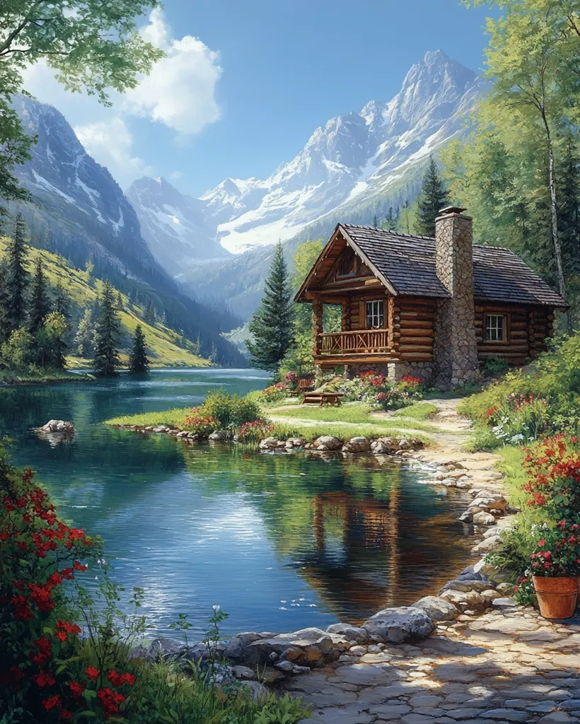 A quaint log cabin nestled amidst towering snow-capped mountains overlooks a serene lake. Lush greenery surrounds the cabin, with a stone path leading down to the water's edge. The tranquil scene evokes a sense of peace and serenity, offering a picturesque retreat in the heart of nature.