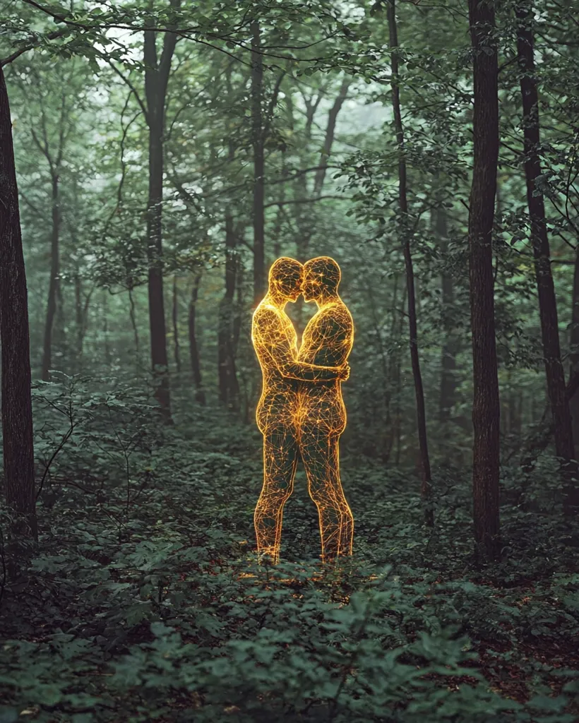The image shows a couple embracing in a forest, their bodies rendered in a glowing, interconnected web of light. The dense, green foliage provides a backdrop to the radiant figures, creating a sense of both intimacy and mystery. The soft light filtering through the trees adds to the ethereal atmosphere, suggesting a connection between the couple and the natural world.