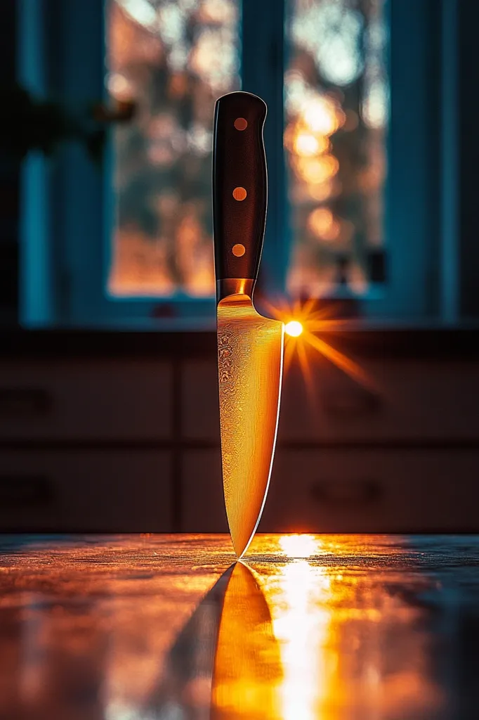 A kitchen knife with a black handle and a shiny blade stands upright on a wooden countertop. The setting sun shines through a window behind the knife, creating a warm glow that illuminates the blade. The image captures a simple yet striking scene of a household object bathed in golden light.
