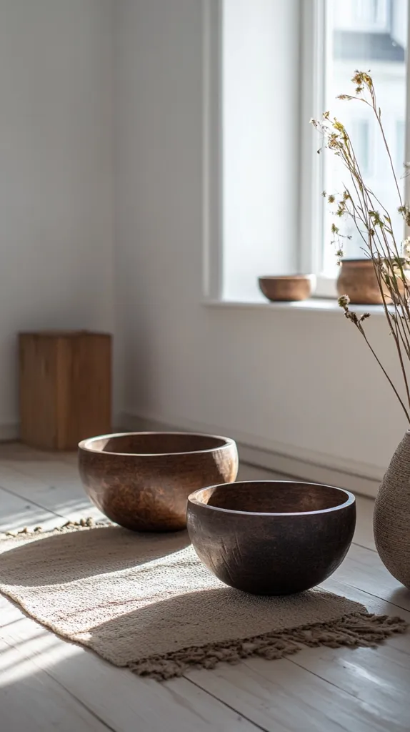 Two large wooden bowls sit on a woven rug in a bright, minimal space. A wooden block sits in the background, while a window peeks in from the right. A vase with dried branches sits next to the bowls, and the light bathes the floor in a soft glow. The scene is calm and tranquil, evoking a sense of simplicity and serenity.