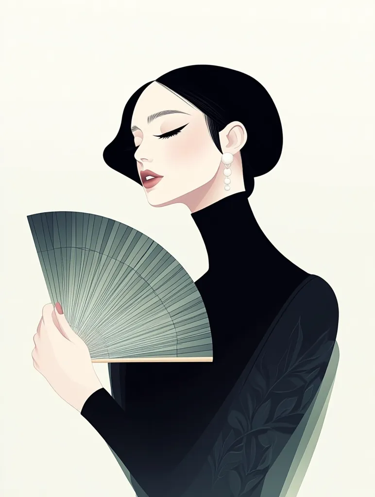 A woman with short black hair and pearl earrings is holding a closed fan. She is wearing a black turtleneck dress with a dark floral pattern on the sleeves. Her eyes are closed, and her lips are painted a bright red. The image is minimalist and stylized, with a muted color palette. The overall aesthetic is elegant and sophisticated.