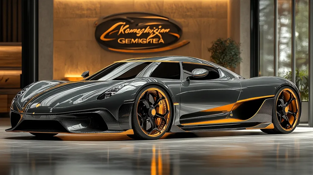 A sleek, dark grey sports car with gold accents sits in a showroom. The car has a low profile, large wheels, and a sharp, aerodynamic design. The showroom walls are wood panelled with a large sign above the car. The car reflects the surrounding light, adding to its luxurious feel.