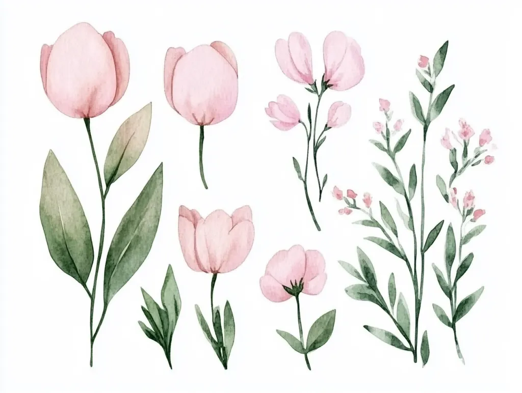 The image features a watercolor painting of delicate pink flowers and green leaves.  There are three different flower types, including large tulip-like blooms, smaller single-petaled blossoms, and sprigs of tiny flowers. The leaves are painted in a soft green, adding a sense of natural beauty to the composition. The flowers and leaves are arranged in a casual, almost haphazard manner, giving the painting a sense of organic flow.