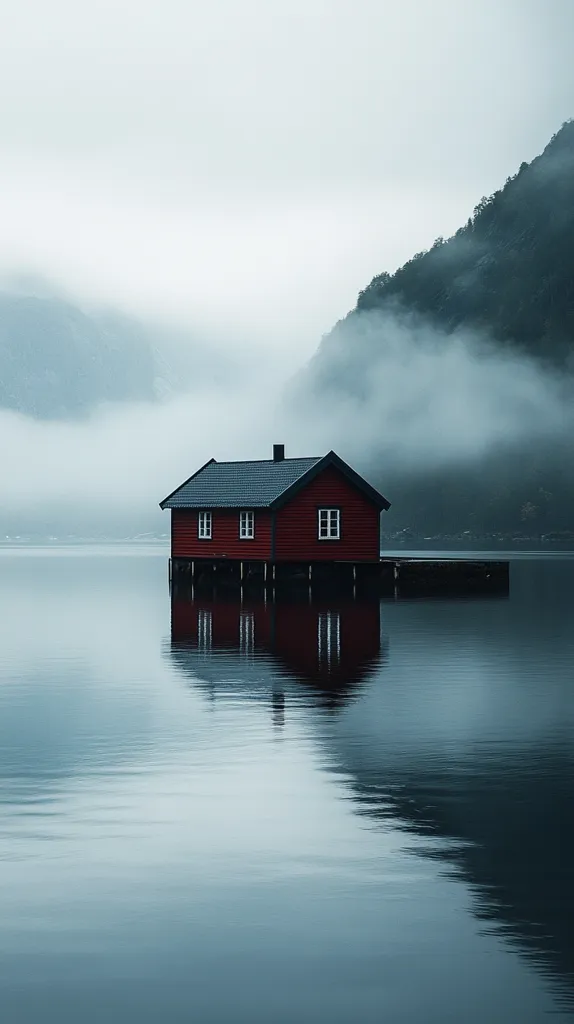 A solitary red cabin sits on a small dock in a still, foggy lake. The water reflects the sky and the cabin, creating a peaceful, serene atmosphere. The misty mountains in the background add to the sense of isolation and tranquility. The image captures a moment of quiet beauty in nature.