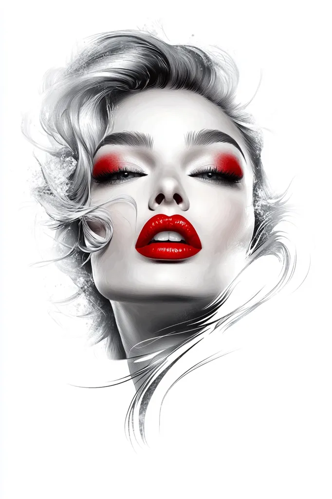 A black and white illustration of a woman's face with a pop of color on her lips and eyes. Her eyes are closed and her hair is flowing around her. The image is simple and elegant, with a focus on the woman's features. The red lips stand out against the black and white background, making them the focal point of the image. The image is a study in contrasts and is evocative of beauty and femininity.