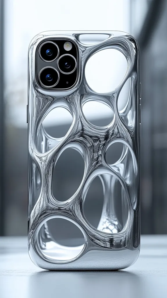 A sleek, silver smartphone case with a unique design featuring a 3D pattern of interconnected circles. The case is made of a smooth, reflective material that catches the light. The phone's camera lens is visible through a cutout in the case.