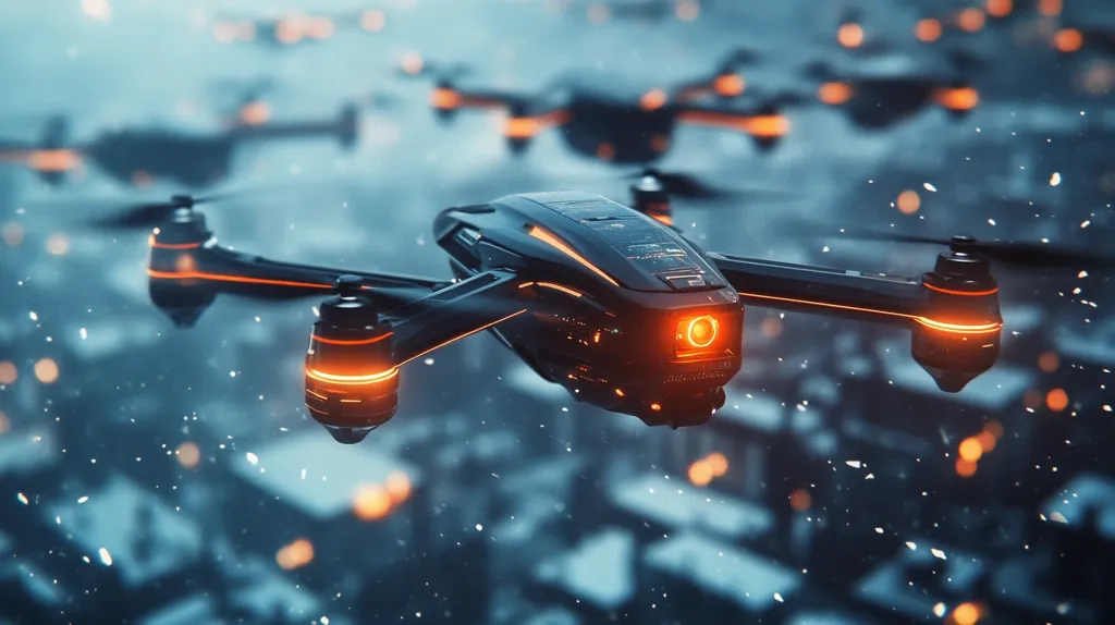 A futuristic black drone with orange lights hovers over a blurry, blue and white background. The drone's design is sleek and aerodynamic, with a prominent camera lens. The background suggests a city or urban environment, possibly covered in snow or a dense fog. The image evokes a sense of technological advancement and the potential future of aerial surveillance or transportation.