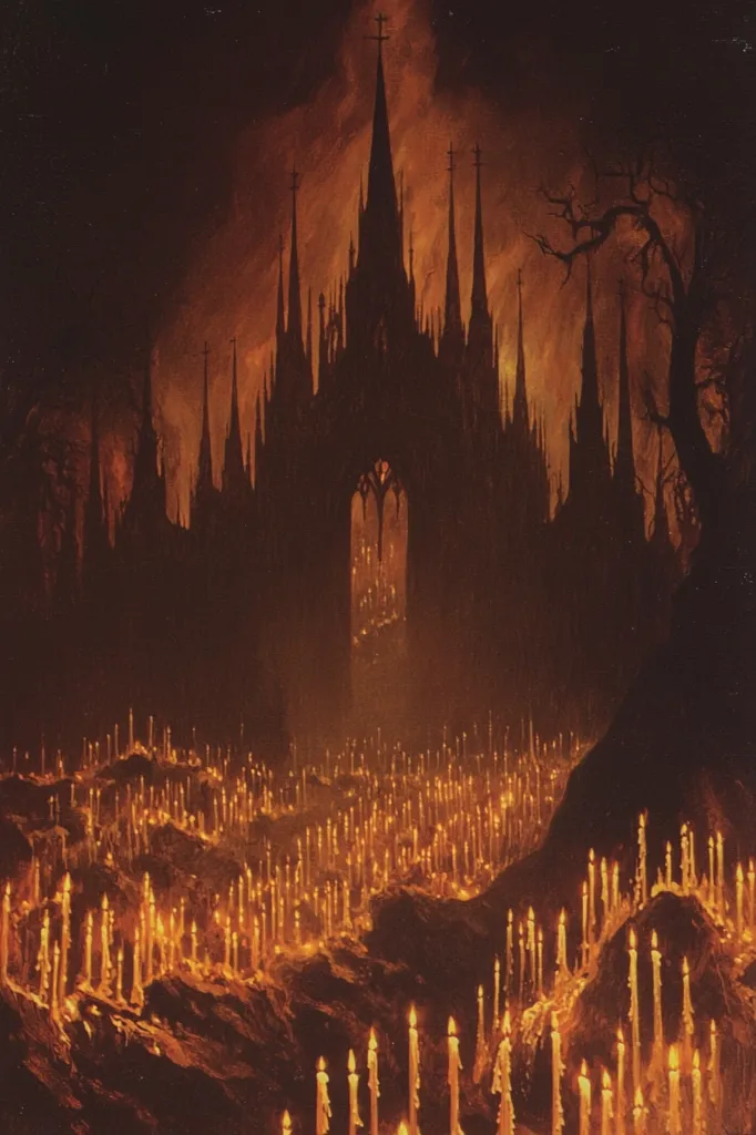 The image depicts a dark, imposing cathedral silhouetted against a fiery orange sky. The structure is adorned with numerous spires and arches, creating a sense of gothic grandeur. In the foreground, a field of lit candles casts a warm glow, suggesting a ritualistic or ceremonial setting. The overall atmosphere is one of mystery and foreboding, evoking a sense of the supernatural or the unknown.