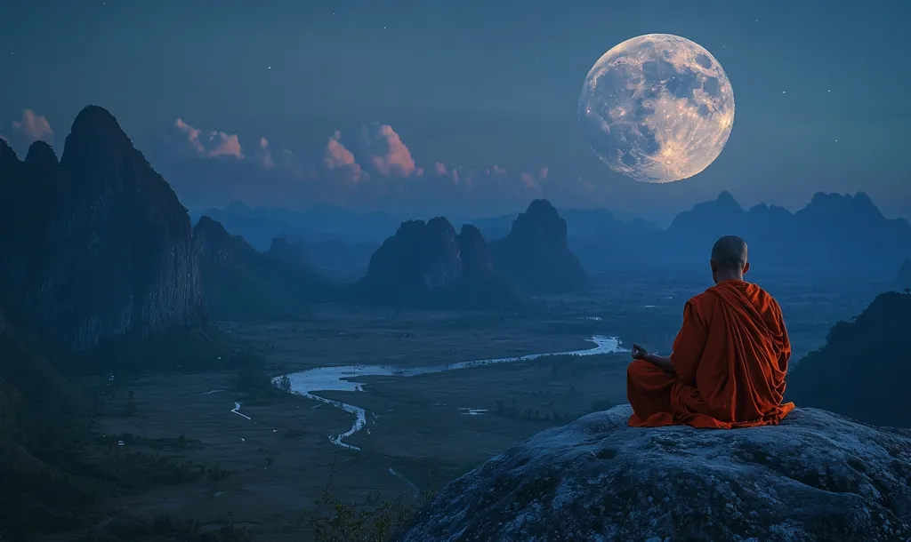 A lone monk sits in meditation on a rocky mountaintop overlooking a valley. He is silhouetted against the backdrop of a large, full moon hanging in the twilight sky. The moon casts a soft glow over the landscape, highlighting the winding river and distant mountains. The scene evokes a sense of peace and tranquility.