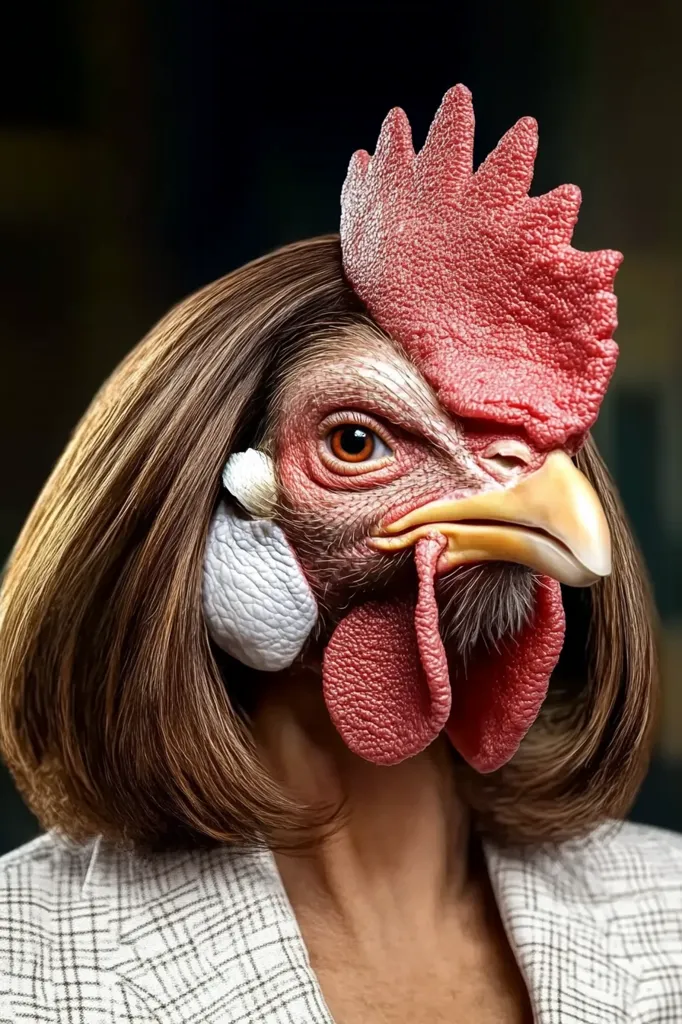 A woman with long brown hair is wearing a rooster's head as a mask. Her hair is styled in a bob and she is wearing a grey and white plaid blazer.  The rooster's head is a realistic depiction, with a red comb and wattle, and a yellow beak. The image is humorous and surreal.