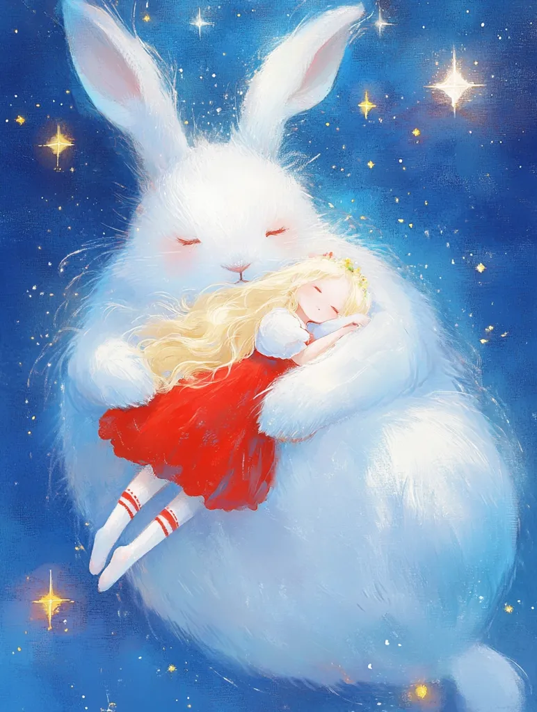 A large, fluffy white rabbit cradles a sleeping girl in its arms. The girl has long blonde hair and is wearing a red dress. The scene is set against a backdrop of a starry night sky, creating a whimsical and dreamlike atmosphere. The rabbit's gentle embrace and the peaceful slumber of the girl suggest a sense of comfort, safety, and serenity.