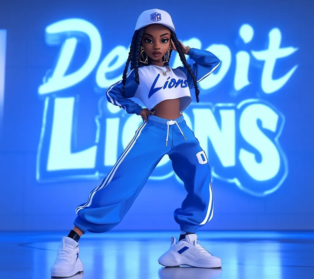 A cartoon woman with dark skin and long black braids is wearing a blue and white tracksuit. She is posing in front of a blue background with the words "Detroit Lions" in a white neon font. She is wearing a white baseball cap with a blue logo and white sneakers. She has a confident and sassy expression. The image is vibrant and playful, capturing the spirit of a young, energetic woman.