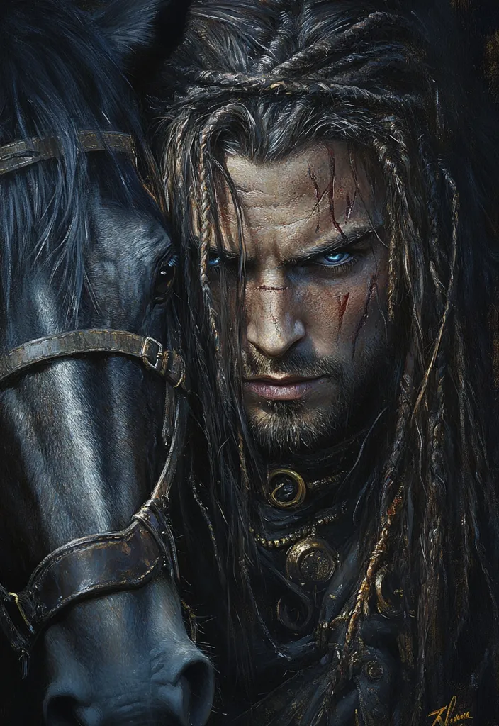 The image shows a close-up of a man with long, dark hair, partially obscured by a black horse. He has a serious expression, with piercing blue eyes and a strong jawline. His face is marked with scars, hinting at a life of hardship. He is adorned with a necklace of gold, suggesting wealth or status. The horse's dark coat and the dim lighting create an atmosphere of mystery and intrigue.