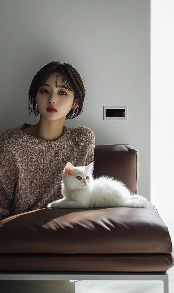 A young woman with short black hair is sitting on a brown leather couch. She is wearing a brown sweater and looking at the camera. A white cat is lying on the couch in front of her. The background is a simple white wall with a white panel containing a small digital display. The image is minimalist and creates a calm and serene atmosphere.