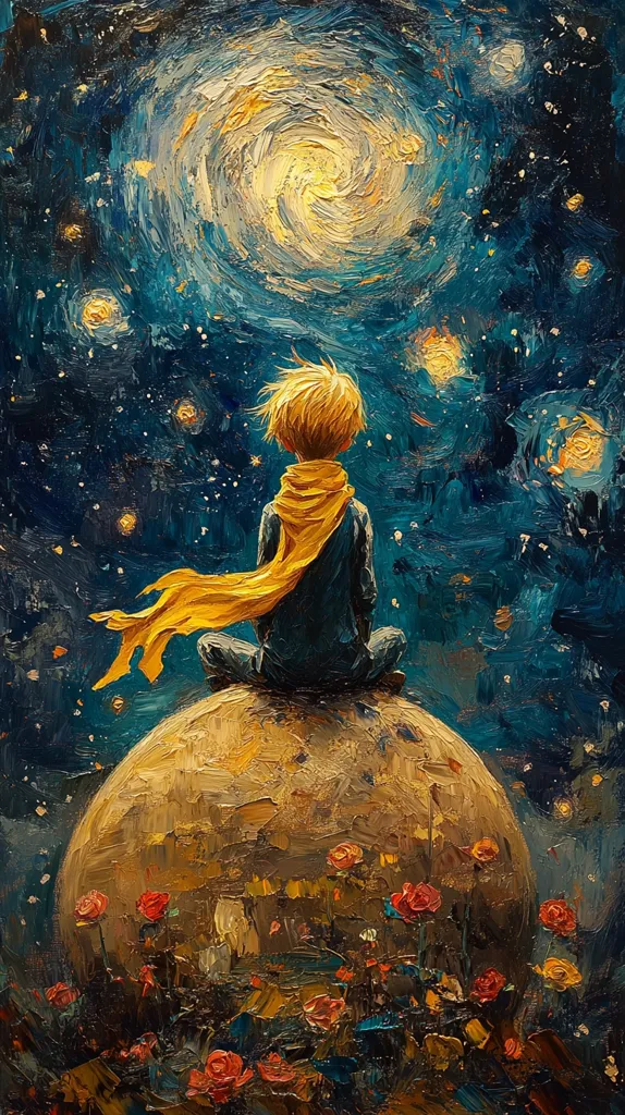 The Little Prince, with his signature blonde hair and yellow scarf, sits cross-legged on a golden asteroid, gazing up at a swirling galaxy of stars. The painting's thick brushstrokes and vibrant colors create a dreamlike and whimsical atmosphere, reminiscent of the book's charming story. The red roses peeking out from the asteroid's surface add a touch of color and symbolism to this celestial scene.