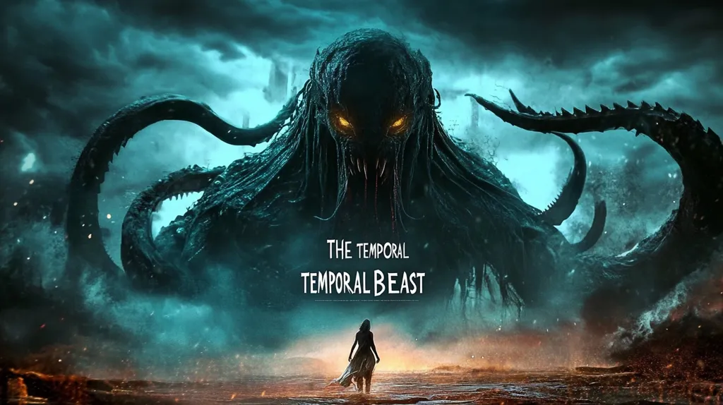 A monstrous, tentacled creature with glowing yellow eyes looms over a lone figure in a long white dress.  The creature's silhouette fills the foreground, its form twisting and turning against a stormy sky. The words "The Temporal Temporal Beast" are inscribed across the monster's body.  The scene evokes a sense of dread and impending doom.