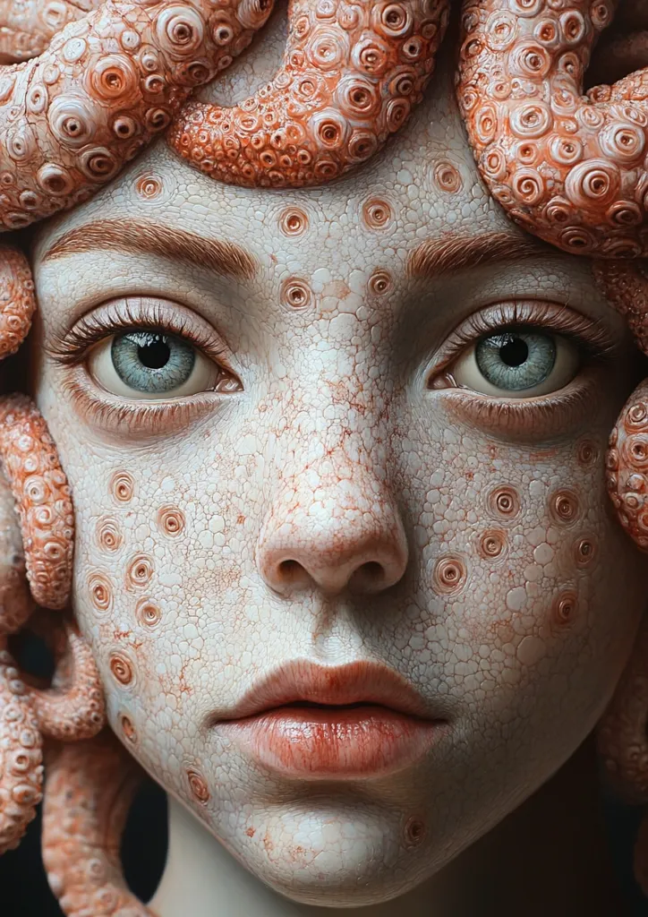 The image shows a close-up of a woman's face. Her skin is covered in textured, light-colored scales that resemble an octopus. Her eyes are a striking blue, and her lips are full and slightly parted. The image is a surreal and unsettling portrayal of a human-octopus hybrid.