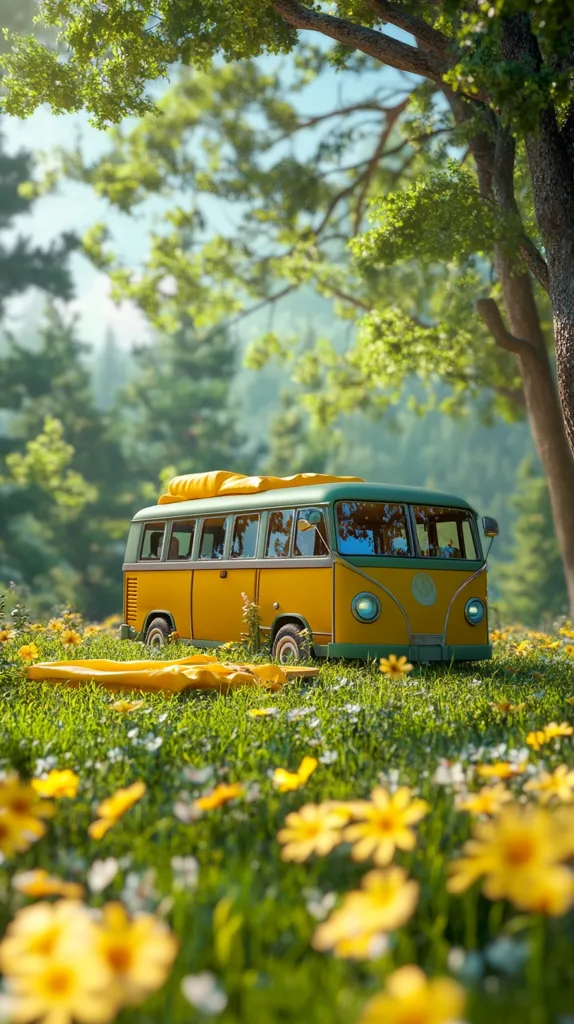 A yellow vintage camper van is parked in a grassy field, surrounded by a field of yellow flowers. The van has a green roof and windows. The scene is peaceful and idyllic. There is a large tree with green leaves in the background.