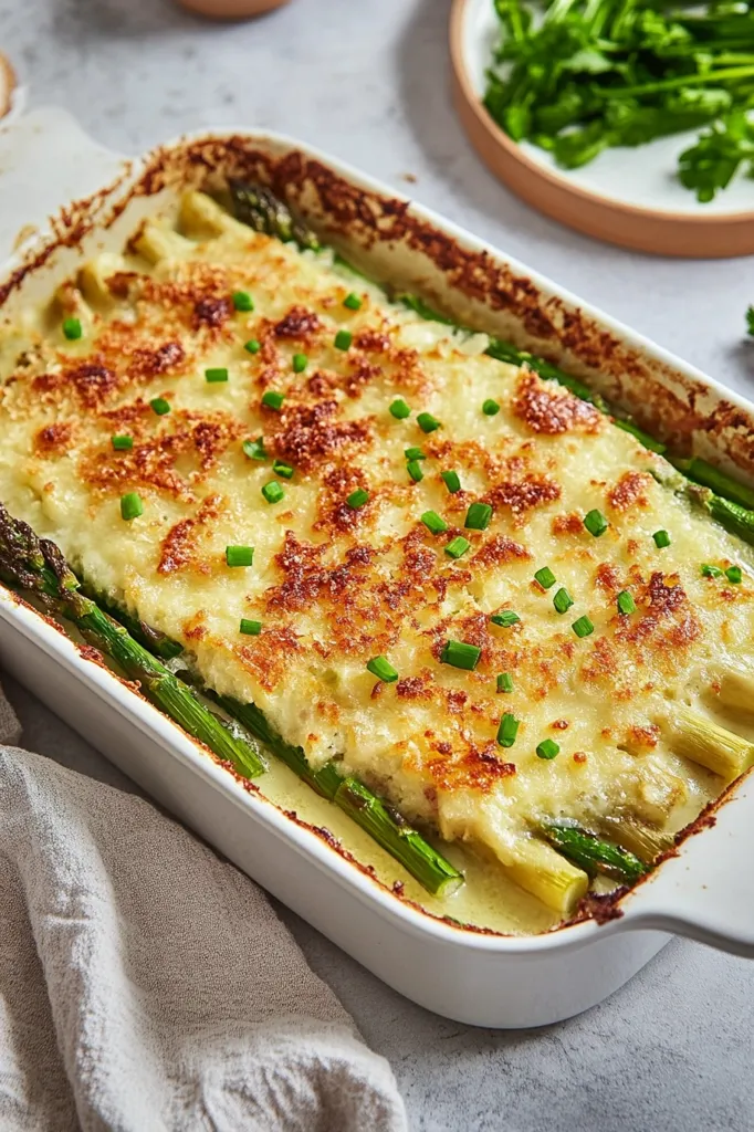 A white casserole dish filled with a creamy, cheesy asparagus bake. The asparagus spears are nestled under a thick layer of cheese that is browned and bubbly. The dish is garnished with fresh green herbs, adding a pop of color.  The casserole sits on a white linen napkin, ready to be served.