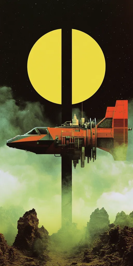 The image depicts a futuristic landscape with a red spaceship docked to a tall pillar. A large yellow circle, seemingly a celestial object, hangs in the sky above. The atmosphere is hazy and green, with rocky formations in the foreground. The scene suggests an otherworldly and mysterious environment.