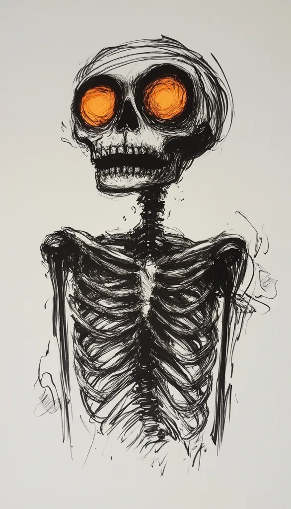 A hand-drawn illustration of a skeletal figure. The skull has large, dark eyes with bright orange pupils. The ribcage is intricately drawn with fine, black lines. The figure appears to be looking off to the side with a slightly open mouth. The image evokes a sense of darkness and mystery.