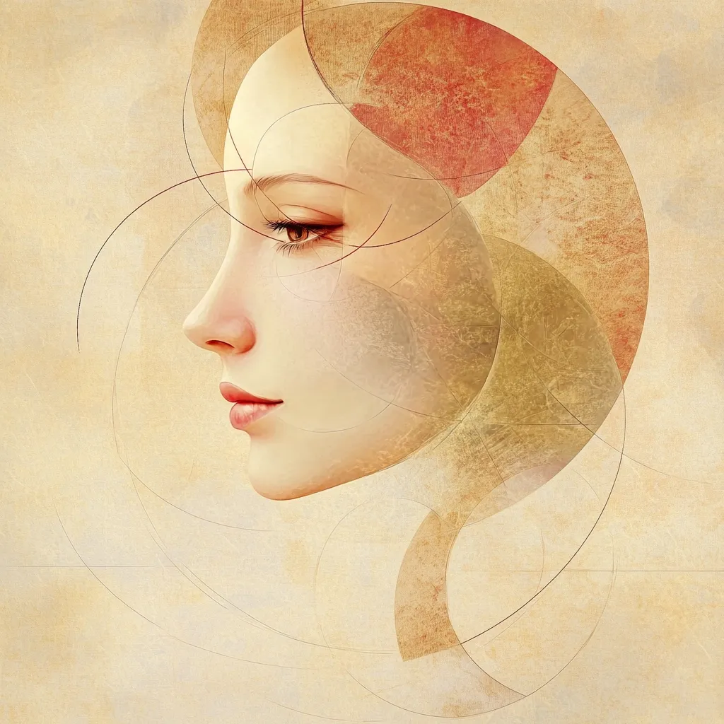 The image depicts a woman's face in profile, rendered in a soft, stylized manner. The background features a network of overlapping circles and lines, creating a sense of depth and abstract beauty.  The woman's features are delicate and serene, with her eyes closed and lips slightly parted. The overall tone is calming and contemplative, suggesting a moment of quiet reflection.