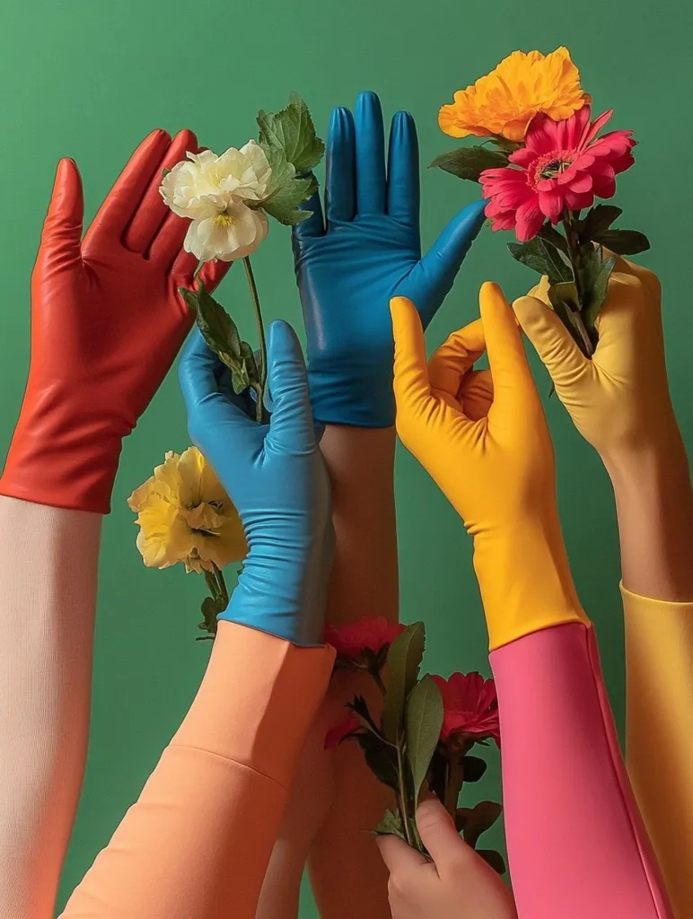 Six hands, each wearing a different colored glove (red, blue, yellow, pink), reach towards the center of the frame.  They hold or are near colorful flowers against a green background. The image evokes a playful and colorful sense of unity.  The bright colors and contrasting textures create a visually striking composition.
