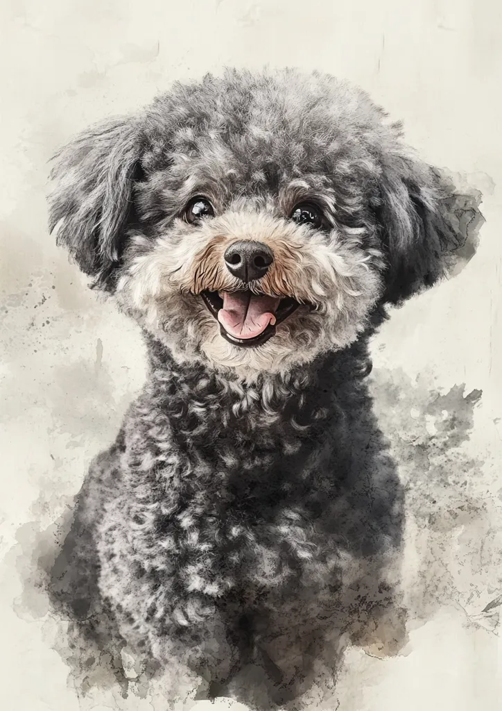 A small, grey poodle with a fluffy coat and big brown eyes looks directly at the viewer with a smile. Its tongue is slightly sticking out. The dog is set against a watercolor background of grays and tans. The image has a soft, whimsical feel.