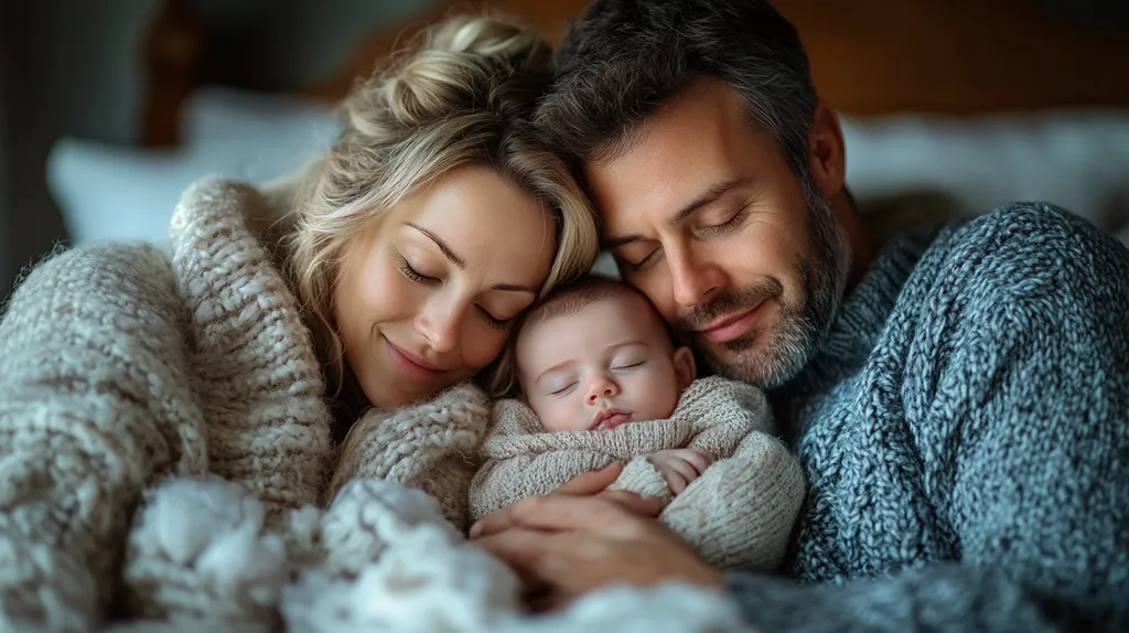 A loving family is captured in a moment of peaceful slumber. A young couple, dressed in cozy knitwear, cradles their sleeping infant. The father rests his head on the mother's shoulder, while the mother gently holds the baby. The soft lighting and warm colors create a sense of intimacy and contentment.  The scene radiates the love and joy that binds this family together.
