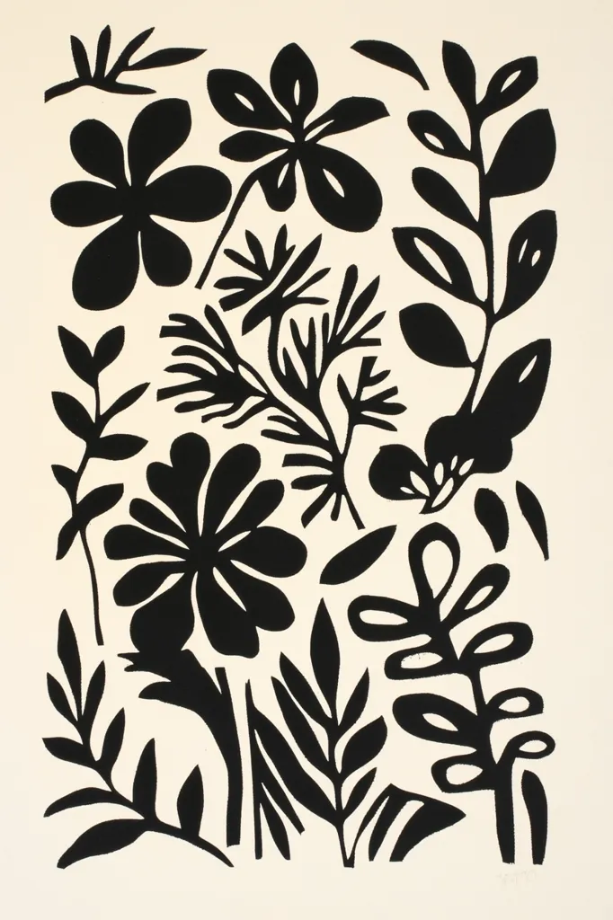 The image is a black and white illustration of a botanical print. It features various types of stylized leaves and flowers, including large, bold blooms with rounded petals and delicate, fern-like foliage. The overall design is symmetrical, with the elements arranged in a balanced composition. The stark contrast between black and white creates a striking and graphic visual effect. The print would be suitable for home decor or textile applications.