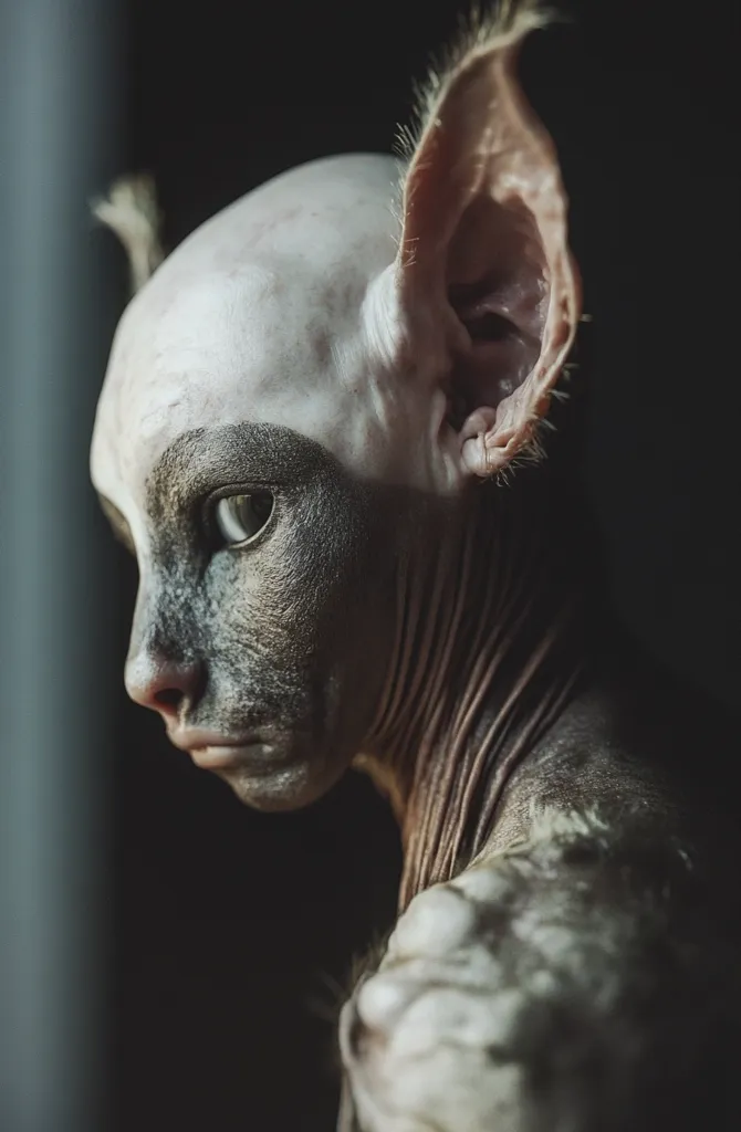A close-up shot of a hairless cat, its large, pointed ears are prominent against its smooth, pale skin. The cat's eyes are intense and focused, giving it an otherworldly appearance. The light catches the wrinkles on its neck, creating a sense of age and wisdom. The background is dark, highlighting the cat's unique features.