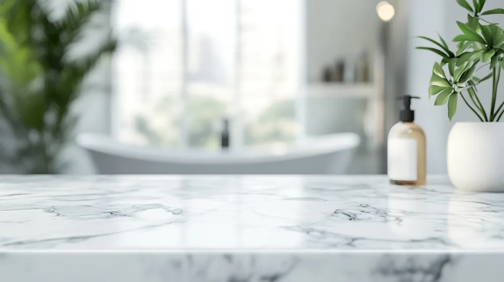 A close-up shot of a white marble countertop. The background is blurred, showing a bathroom with a bathtub, a window, and a plant in a white pot. A bottle of soap is visible on the countertop, but the label is blank. The image focuses on the clean, white surface, creating a minimalist and elegant aesthetic.