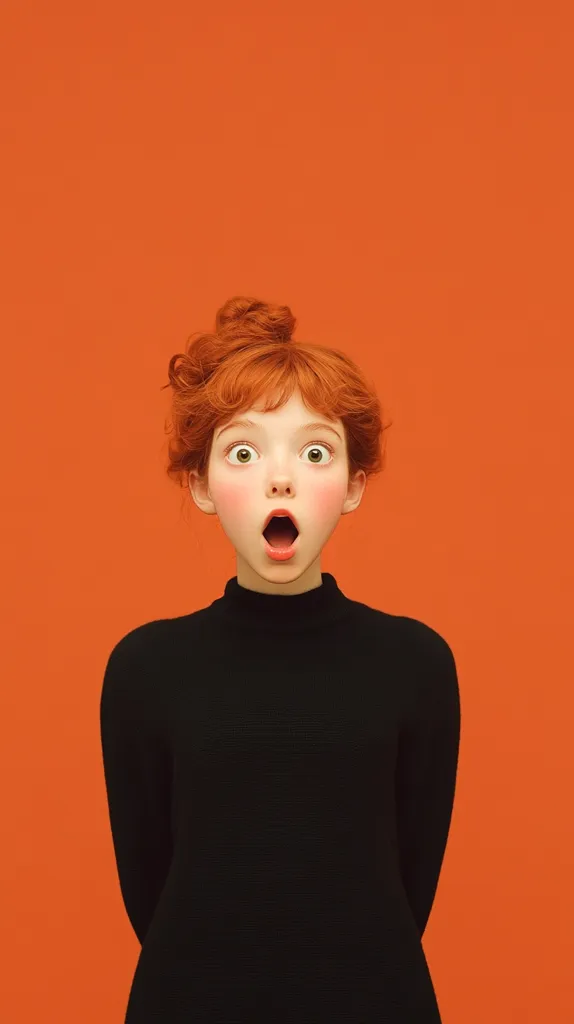 A young woman with bright red hair and wide, surprised eyes stands against a vibrant orange background. Her mouth is open in a gasp, and she is wearing a black turtleneck sweater. The contrast between her bright red hair and the orange background creates a striking visual effect. Her expression suggests a sudden realization or a moment of shock.  The simplicity of the background and the focus on her face makes her reaction the focal point of the image.