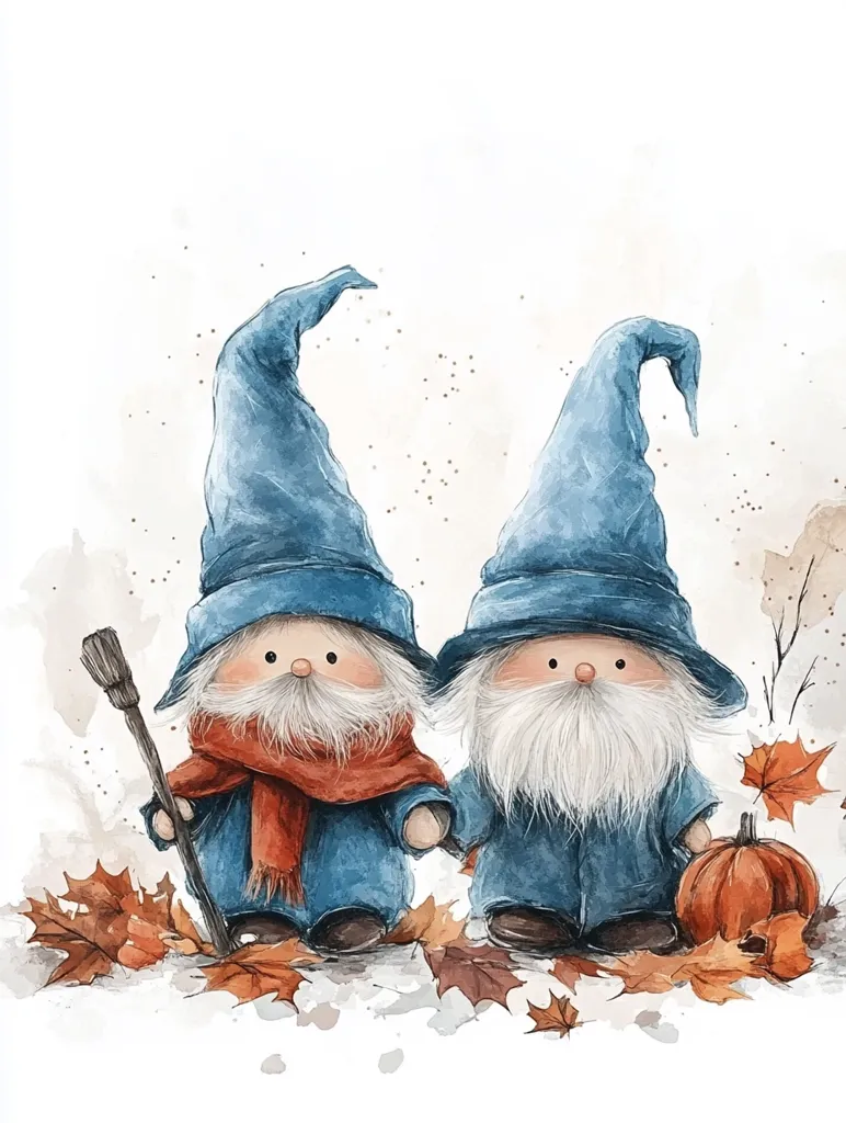 Two gnomes, dressed in blue coats and hats, stand amidst fallen autumn leaves. One gnome holds a broom, while the other carries a pumpkin. They are both smiling and appear to be enjoying the autumn season. The image is a watercolor painting with soft, warm colors and a gentle atmosphere.